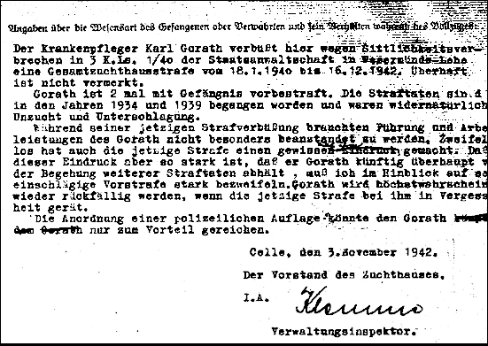 Gutachten Zuchthaus Celle ber die Notwendigkeit einer Deportation in ein Konzentrationslager