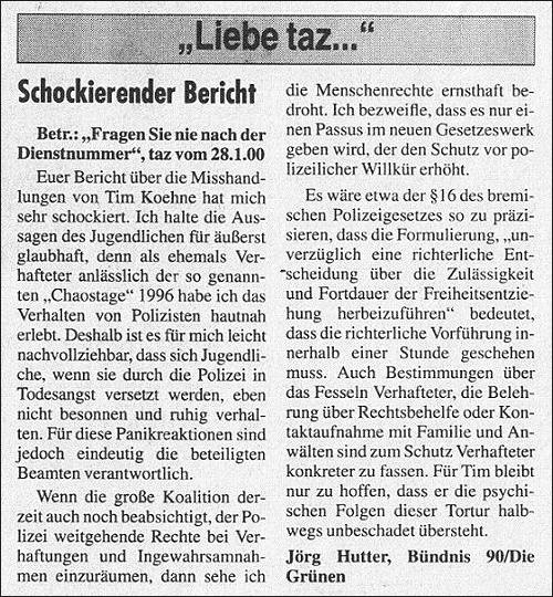 Leserbrief zu Tim Koehne