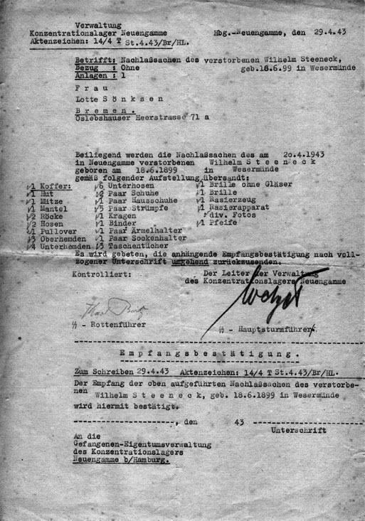 Schreiben des KZ Neuengamme: Penibel genau und vermeintlich korrekt listet die Lagerverwaltung des KZ Neuengamme den Nachlass von Wilhelm Steeneck auf